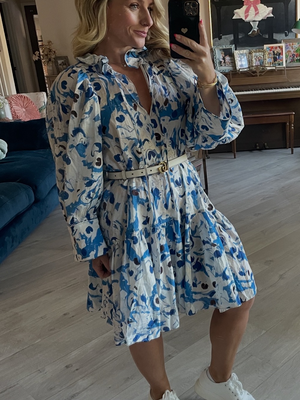 H&M White and Blue Floral Ruffle Mini Dress